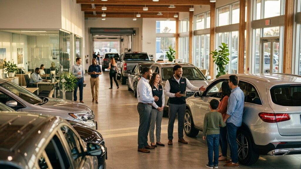 Современный светлый шоурум автосалона Авто Аврора с рядами новых автомобилей в интерьере